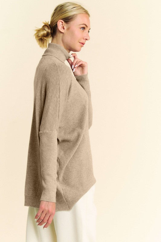 Beige turtleneck long sleeve knit top, soft and cozy fit for fall and winter