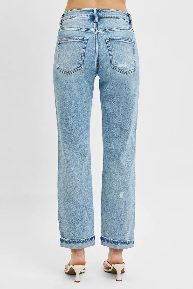 Women’s high-rise ankle boyfriend jeans with distressed details – cotton blend, relaxed fit casual denim
