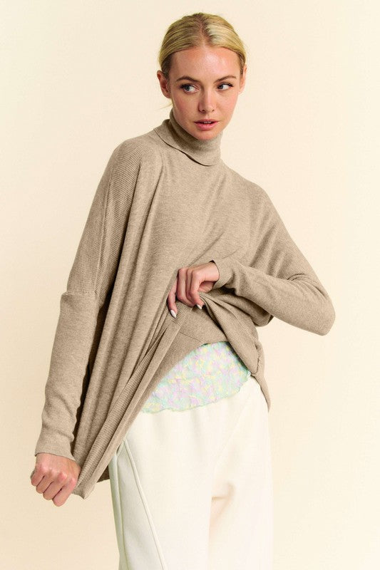 Beige turtleneck long sleeve knit top, soft and cozy fit for fall and winter