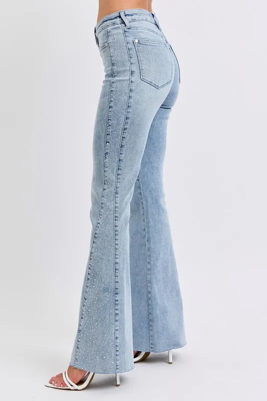 Women’s midi-rise flare jeans with rhinestone side panel , cotton blend, trendy statement denim