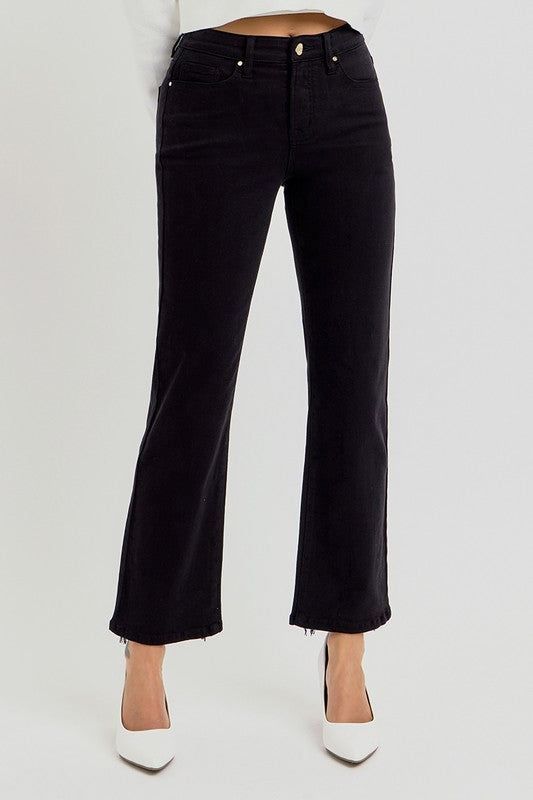 Plus size high rise crop straight jeans with tummy control and elastic waistband