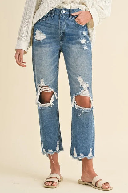 100% cotton distressed raw hem cropped jeans – trendy, vintage-inspired denim with frayed edges
