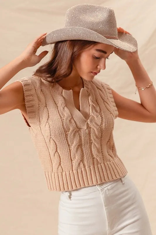 Cozy notched neck cable knit vest for women, casual winter outfit essential