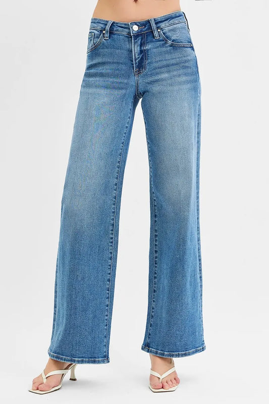 Women's premium high-rise wide-leg jeans in medium wash, made from breathable cotton-blend stretch denim with flattering fit