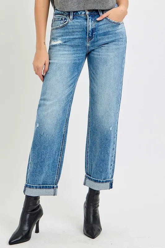 Women’s high-rise ankle boyfriend jeans with distressed details ,cotton blend, relaxed fit casual denim