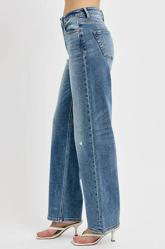 Cotton blend distressed wide-leg jeans – trendy, relaxed-fit denim with a cool, lived-in vibe