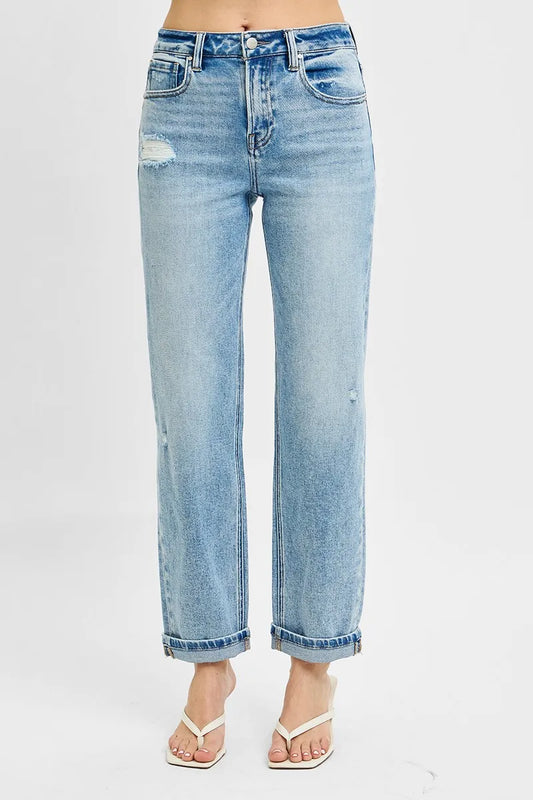 Women’s high-rise ankle boyfriend jeans with distressed details – cotton blend, relaxed fit casual denim