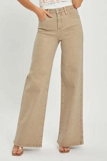 Cotton blend tummy control high-rise wide-leg jeans – slimming fit, stylish and versatile denim