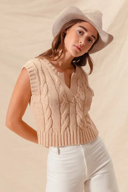 Cozy notched neck cable knit vest for women, casual winter outfit essential