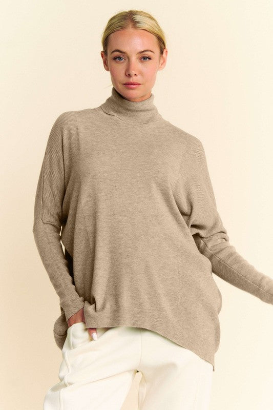 Beige turtleneck long sleeve knit top, soft and cozy fit for fall and winter