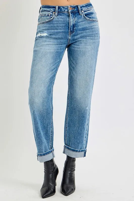 Women’s high-rise ankle boyfriend jeans with distressed details ,cotton denim, relaxed fit casual denim