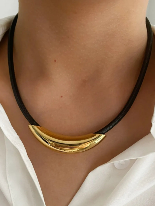 18K Gold-Plated Curved Tube Leather Rope Necklace