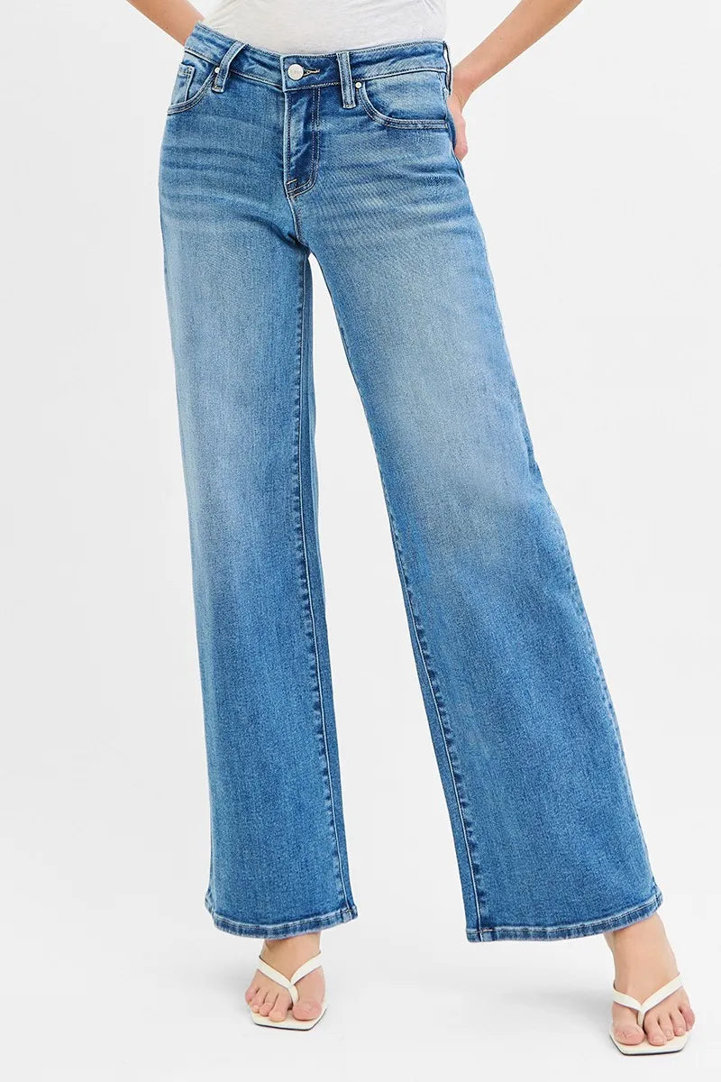 Women's premium high-rise wide-leg jeans in medium wash, made from breathable cotton-blend stretch denim with flattering fit