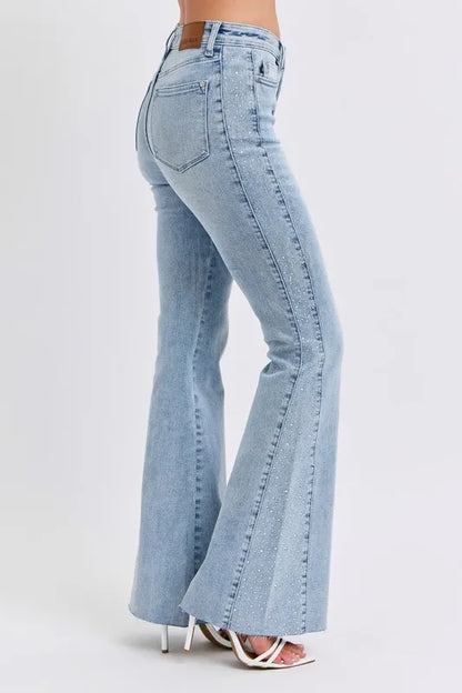 Women’s midi-rise flare jeans with rhinestone side panel , cotton blend, trendy statement denim