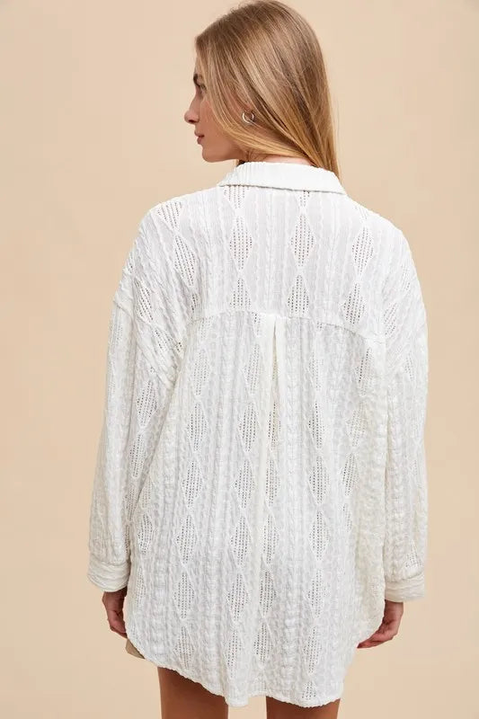 Cotton blend openwork button-down drop shoulder shirt – stylish, versatile shirt with trendy detailing