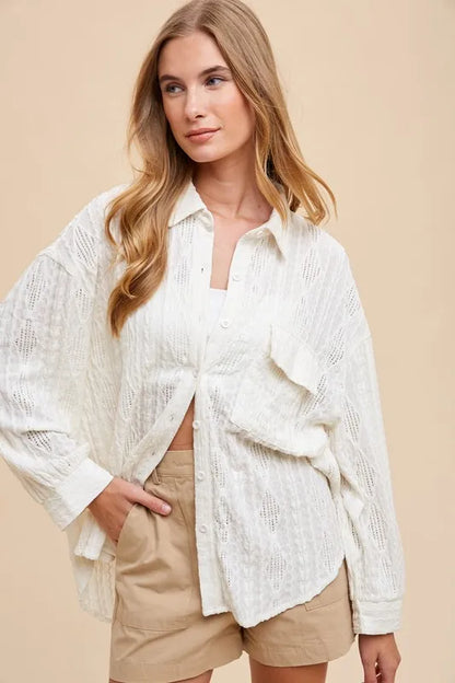 Cotton blend openwork button-down drop shoulder shirt – stylish, versatile shirt with trendy detailing