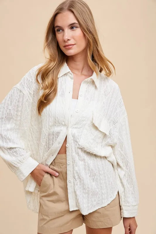 Cotton blend openwork button-down drop shoulder shirt – stylish, versatile shirt with trendy detailing