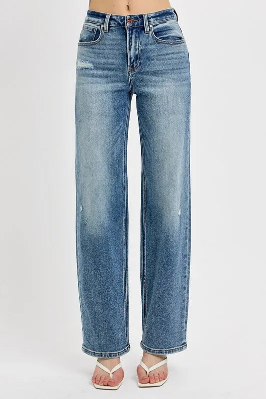 Cotton blend distressed wide-leg jeans – trendy, relaxed-fit denim with a cool, lived-in vibe
