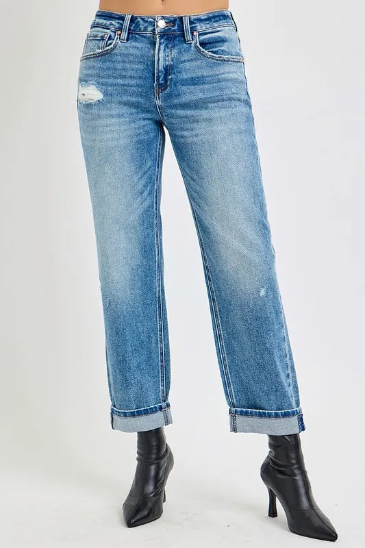 Women’s high-rise ankle boyfriend jeans with distressed details ,cotton denim, relaxed fit casual denim