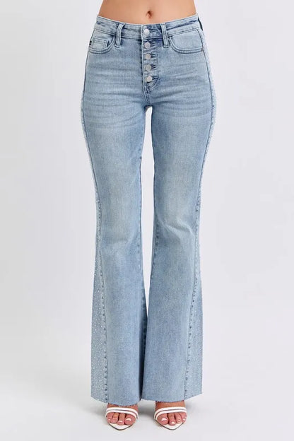Women’s midi-rise flare jeans with rhinestone side panel , cotton blend, trendy statement denim