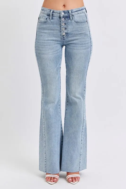 Women’s midi-rise flare jeans with rhinestone side panel , cotton blend, trendy statement denim